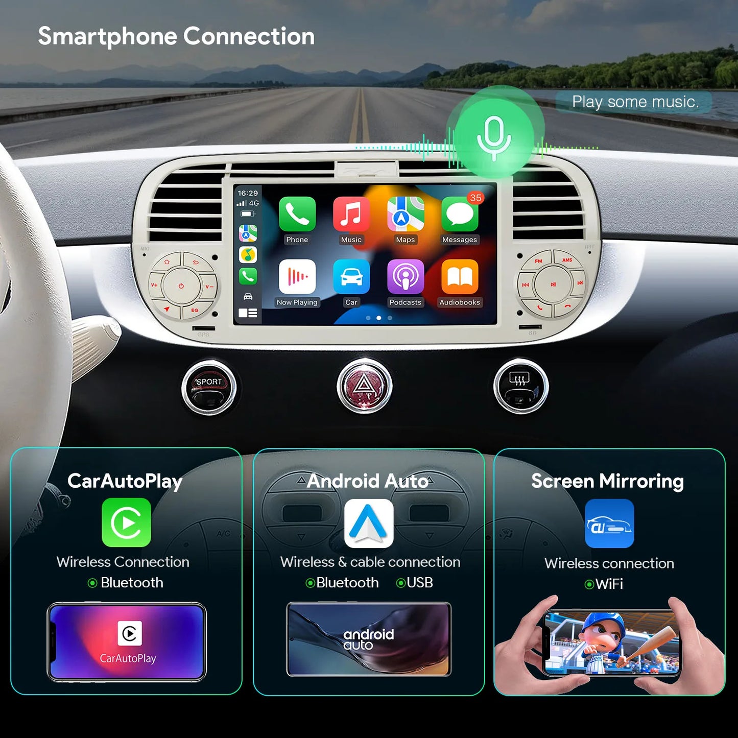 FIAT 500 (2007-2015) 7" Android 13 Octa-core 4+64GB Carplay android auto Multimedia Player  Built-in DSP CarPlay AA DSP Worldwide 4G IA7250FLCS