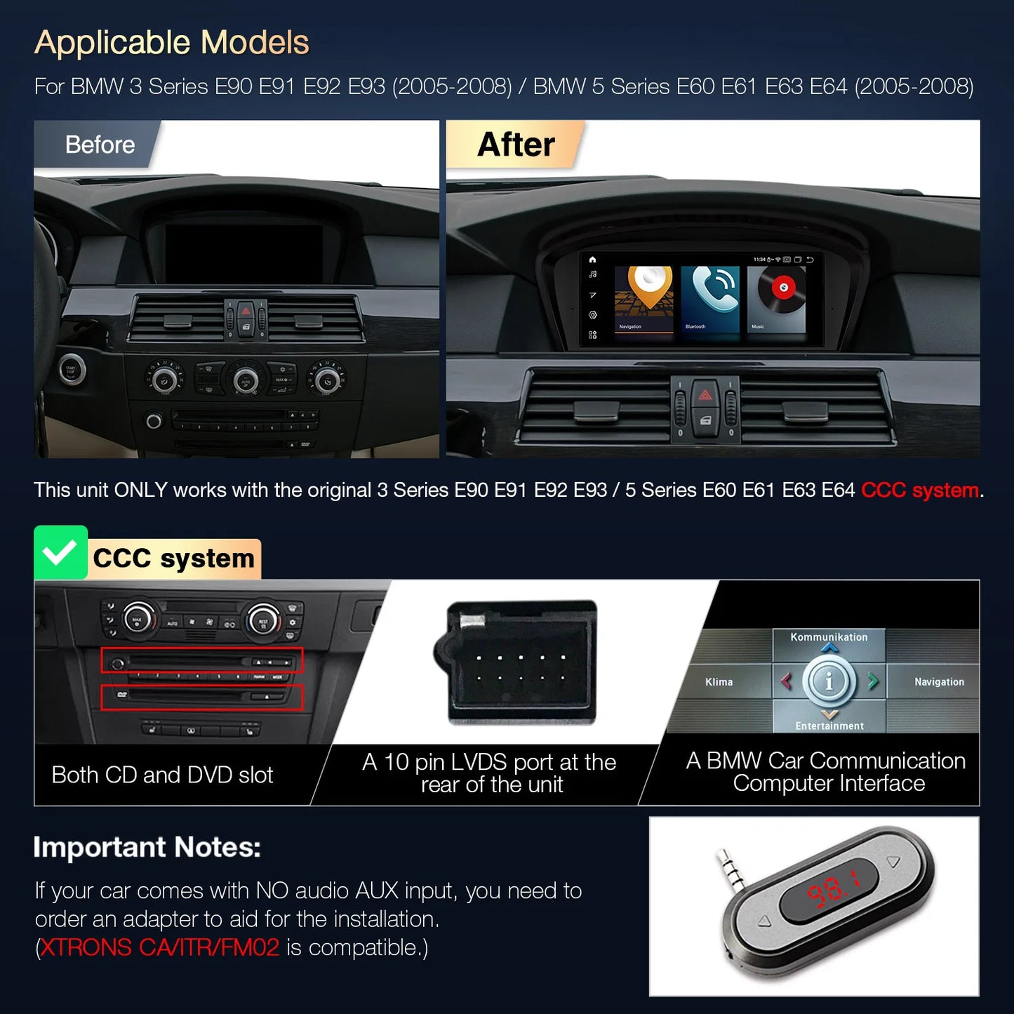 BMW 5 Series E60 E61 E63 E64 /3 Series E90 E91 E92 E93 CIC/CCC 2005-2012 8.8'' Android 13 Car Multimedia Player 4G  QPBS8360CI