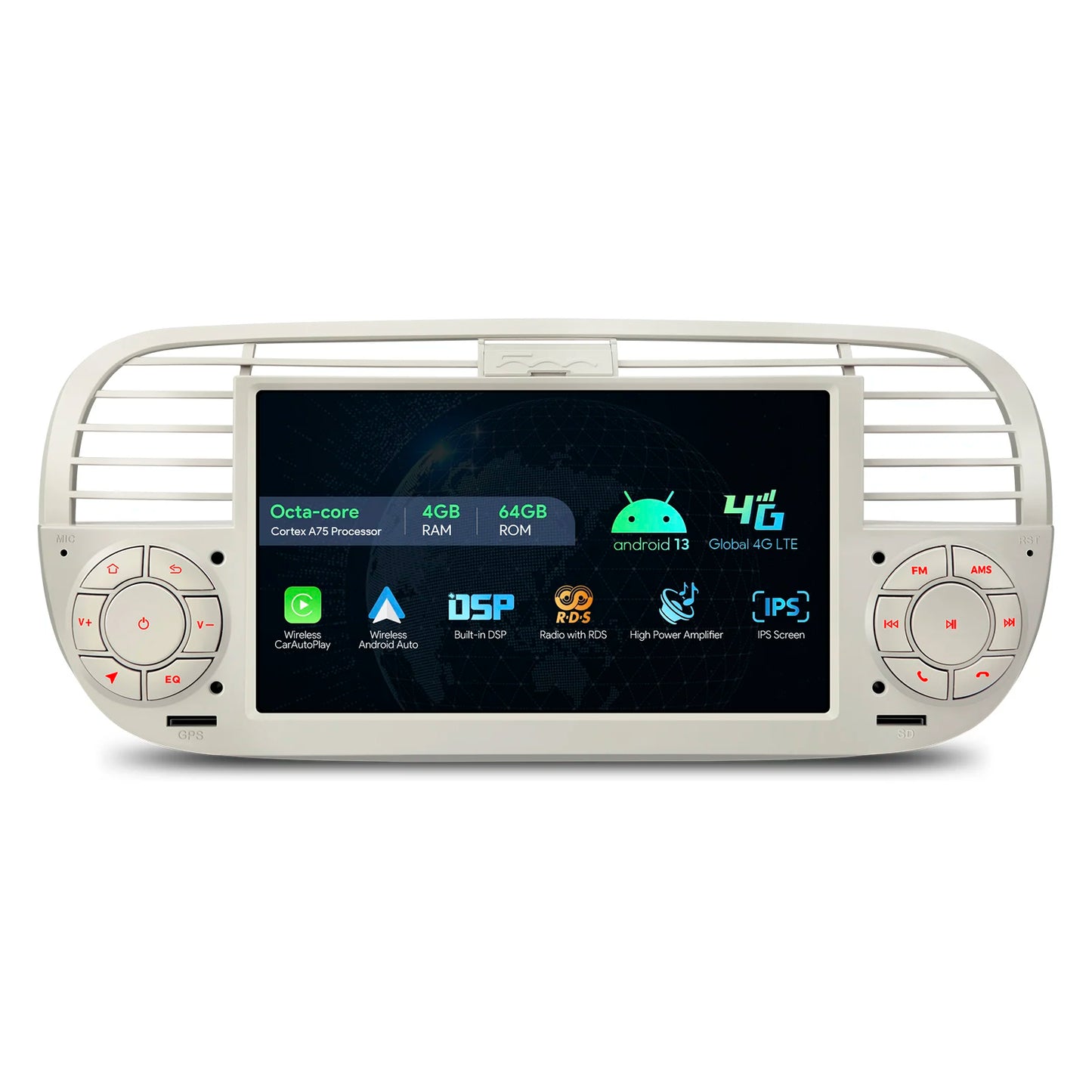 FIAT 500 (2007-2015) 7" Android 13 Octa-core 4+64GB Carplay android auto Multimedia Player  Built-in DSP CarPlay AA DSP Worldwide 4G IA7250FLCS