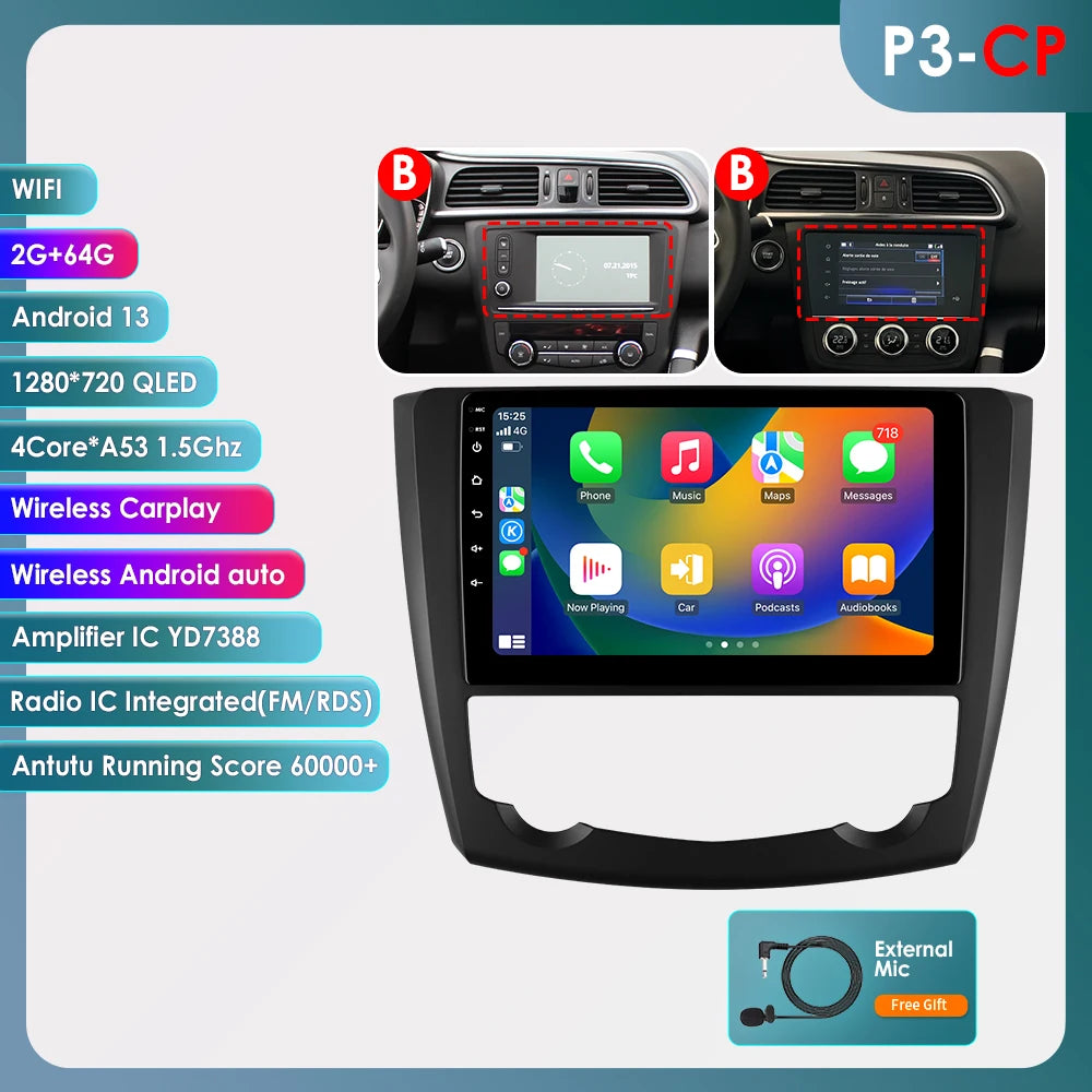 Renault Kadjar 2015 - 2019 9" Android13  Radio RDS GPS wifi bt carplay android auto USB AUTMRNKDJR