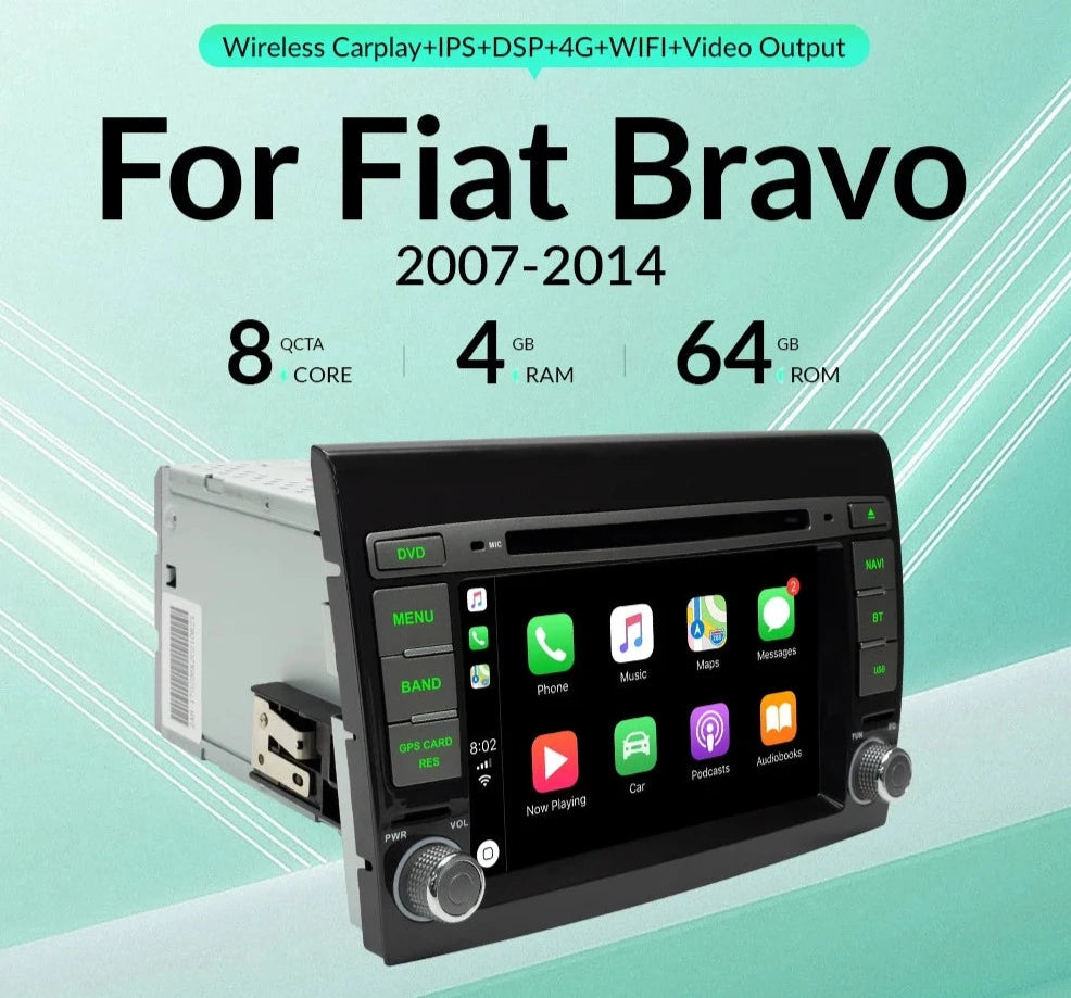 Fiat Bravo 2007 -2014 4GB 64GB Wireless Carplay 7" Android 12 Car DVD Player  DSP IPS GPS Navigation RDS AUTMFTBVR1