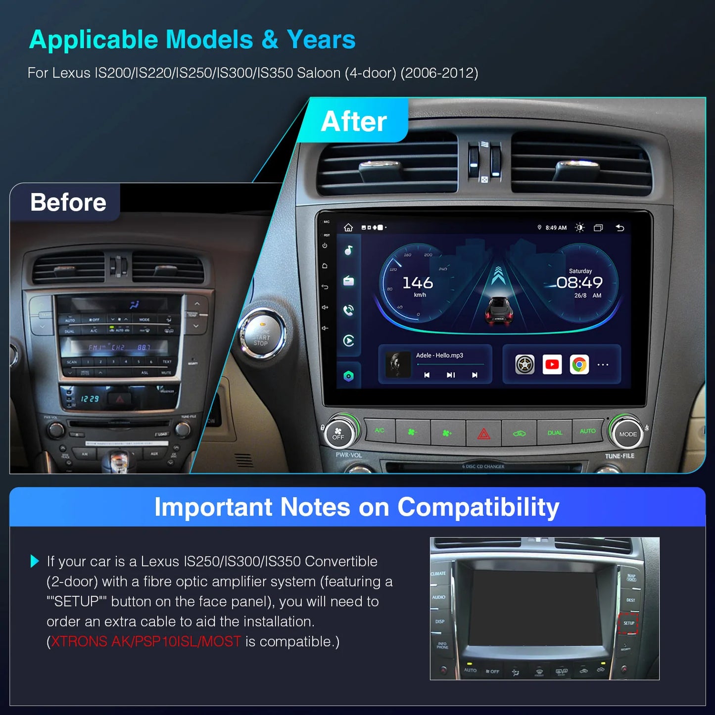 Lexus IS200 / IS220 / IS250 / IS300 / IS350 berlina (4 porte) (2006-2012) carplay android auto Android/iPhone | Octa Core | RAM DDR4 da 2 GB e ROM da 32 GB | Hardware di livello automobilistico | IEP12ISL