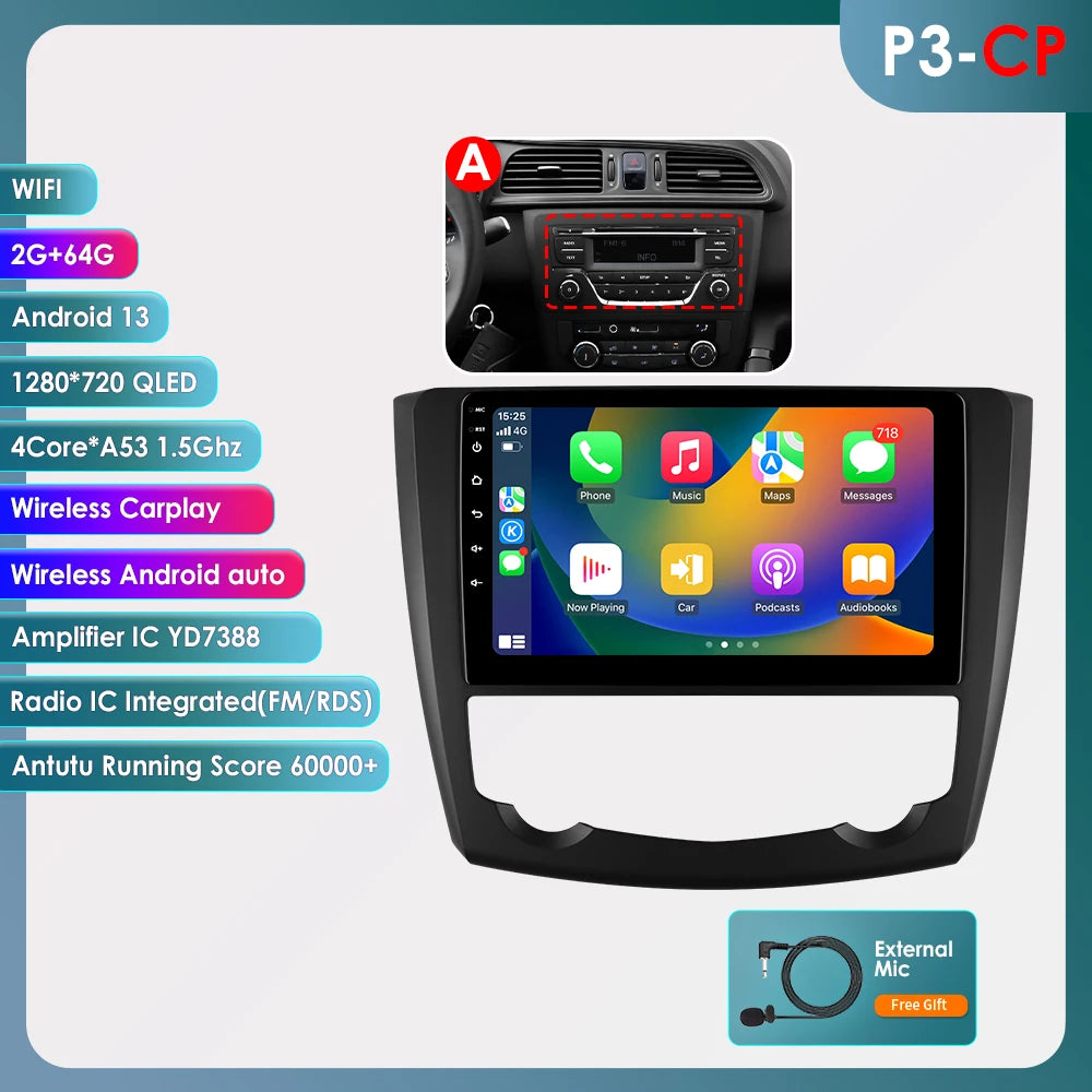 Renault Kadjar 2015 - 2019 9" Android13  Radio RDS GPS wifi bt carplay android auto USB AUTMRNKDJR