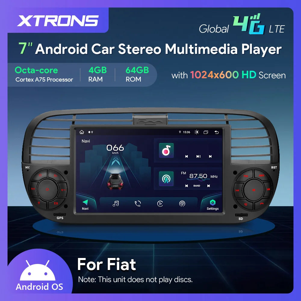 FIAT 500 (2007-2015) 7" Android 13 Octa-core 4+64GB Carplay android auto Multimedia Player  Built-in DSP CarPlay AA DSP Worldwide 4G IA7250FLCS